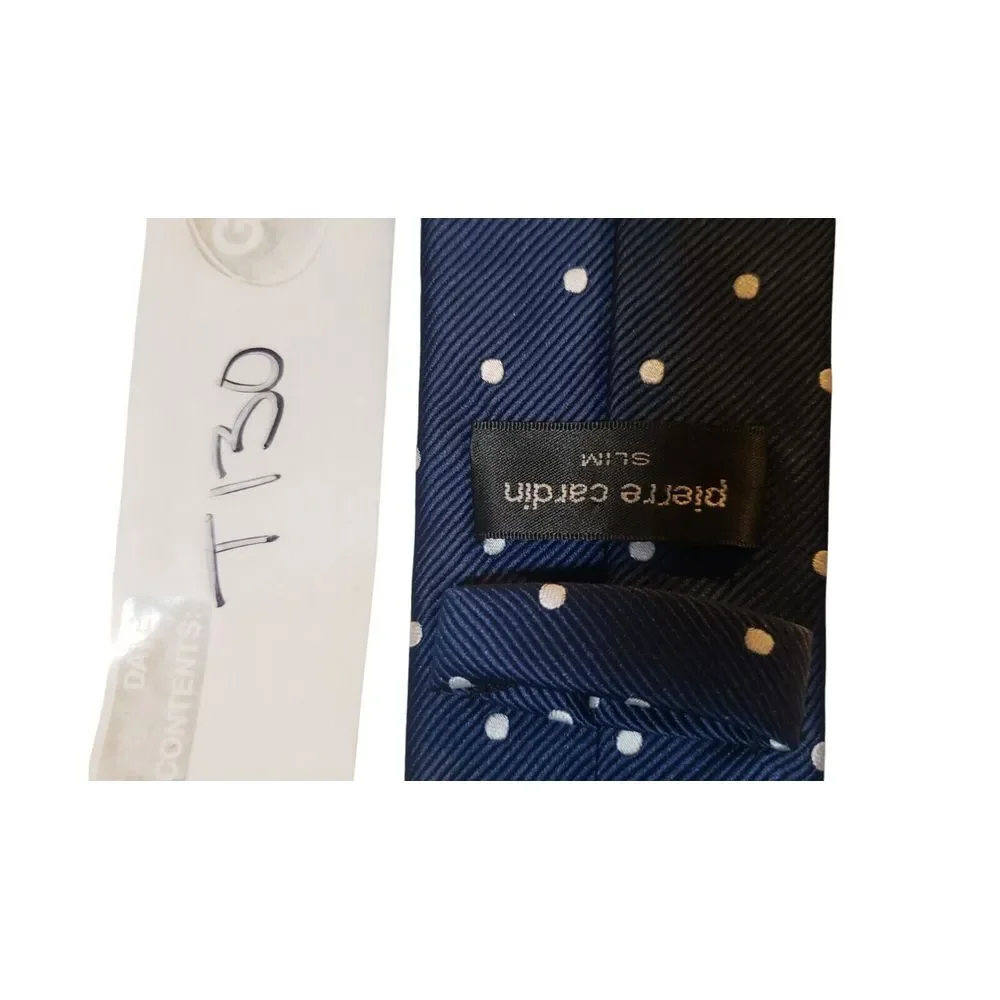 Pierre Cardin Neck Tie Mens Navy White Polka Dots Slim Business Suit‎ Church